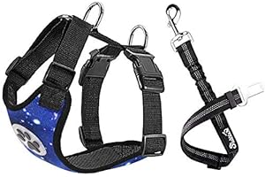 SlowTon Ensemble de Harnais et Laisse de sécurité de Voiture, Multifonction Tissu Réglable Respirant Gilet Ordinaire Harnais avec Ceinture De Sécurité en Voiture Route Voyage Promenade