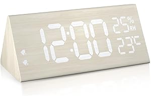 hinrey Wecker Digital Holz, LED Tischuhr Holzoptik 7 Helligkeit und 5 Lautstärke Dual Alarm Digital Uhr USB Netzanschluss Weiß