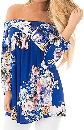 Lanisen Women's Off Shoulder Tops Vintage Floral 3/4 Sleeve Casual Loose Blouse Blue 16