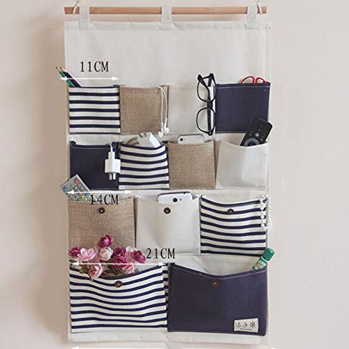 aihome New Style Baumwolle Stoff größere 13 Taschen Wand Tür zum Aufhängen von Kleidung Aufbewahrungstasche Organizer Retro Navy stripe-blue - 5