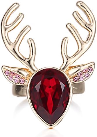 eManco Deer Antler Animal Gold Chain Red Cyrstal Adjustable Ring for Women Christmas Gift Fashion Jewellery