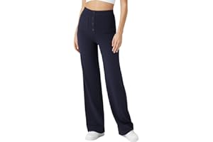 SotRong Women's Yoga Pants Blue Solid Flat Front High Waisted Elasticated Wide Leg Straight Casual Pants Size M