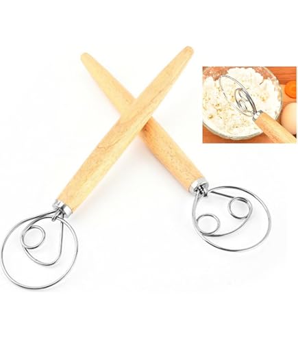 Frusta Danese Per Impasto In Acciaio Inox – 2 Pezzi, Con Manico In Legno, Ideale Per Pane, Pizza E Dolci, Accessorio Da Forno Essenziale