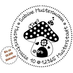 Motiv-Stempel mit Adresse, Stempel mit Motiven, Adress-Stempel personalisiert rund 40 mm, Pilz-Haus, selbstfärbend mit integriertem Stempelkissen, Automatikstempel