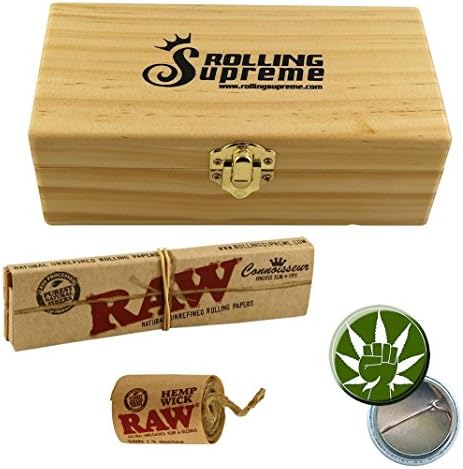 RS Wood Box S 166 x 83 x 57 mm Joint Box 3 Compartments with Secret Drawer Papers + Raw Rolling Papers KS Connoisseur Papers + 3 M Hemp Wick Holders and Fight 4 Legal Badge 25 mm