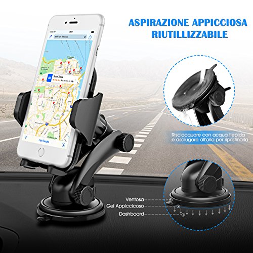 Supporto Cellulare per Auto Mpow Supporto Auto Smartphone Culla Regolabile per Cruscotto Dashboard Parabrezza, Supporto Cellulare per Auto per iPhone 7 7 plus 6s Plus 6s 6 Plus 6 5s 5c 5 4s, Samsung Galaxy S6 Edge + S6 S5 S4 S3, Note 4 3 2, Sony, Huawei, Xiaomi ecc