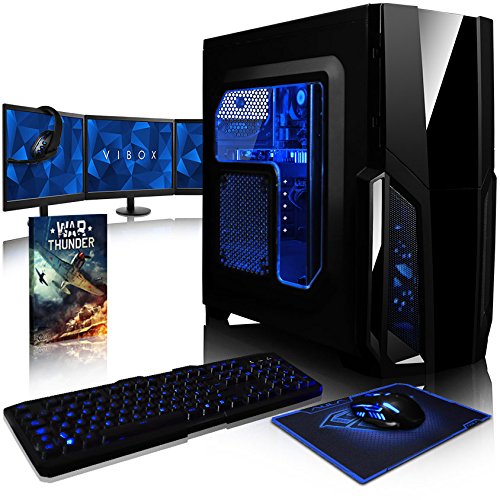 VIBOX Pyro GS460-43 Komplett-PC Paket Gaming PC - 4,0GHz AMD FX Quad-Core Prozessor, Geforce GTX 1060, leistungsfähig, Desktop Gamer Computer mit Spielgutschein, 3x Dreifach 22" Monitor, Gamer Tastatur & Mouse, Blau Innenbeleuchtung, lebenslange Garantie* (3,8GHz (4,0GHz Turbo) Superschneller AMD FX 4300 Quad-Core Prozessor CPU, Nvidia GeForce GTX 1060 3GB Grafikkarte, 16GB DDR3 1600MHz RAM, 1TB HDD Festplatte, 85+ Netzteil, Storm Blau Gehäuse, AM3+ Mainboard, Ohne Windows Betriebssystem)