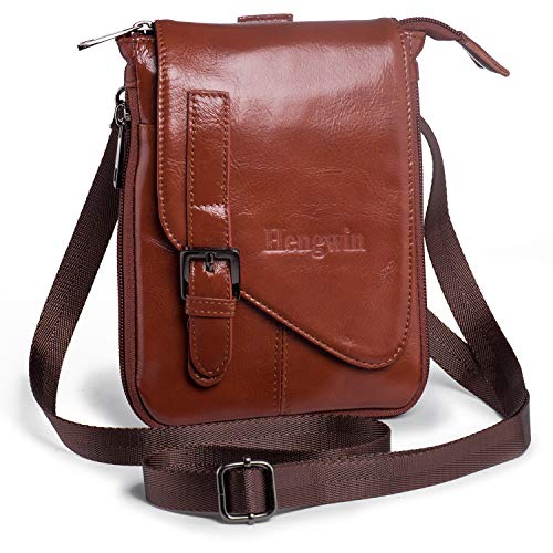 Preisvergleich Produktbild Kleine Schultertasche Herren, Gürteltasche Leder Handytasche Mini Umhängetasche Messenger Bag Guerteltasche Bauchtasche Telefonkasten mit Viele Reißverschluss Fächer / Clip Hengwin (Braun)