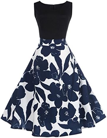 Leisun Women Elegant Dresses Floral Printed Sleeveless Ball Gown Vintage Hepburn Dress O-Neck Evening Dress Ladies Casual Party Dress Beautiful Cocktail Dress Beach Dress (L, Black)