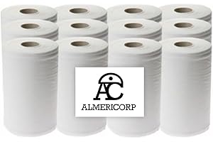 Almericorp Papel Secamanos Mini Mecha 12 Rollos Doble Capa Pasta Lisa Extra. Calidad Pura Celulosa