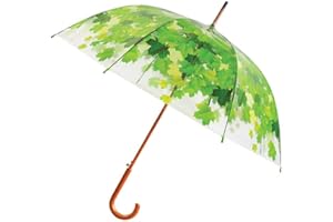 ESSCHERT Le Monde du Parapluie TP158 Parapluie Canne Transparent Imprimé Feuilles Vertes pour Femme - Système d'ouverture Automatique - Poignée de Qualité en Bois - Diamètre de 93 cm Multicolore