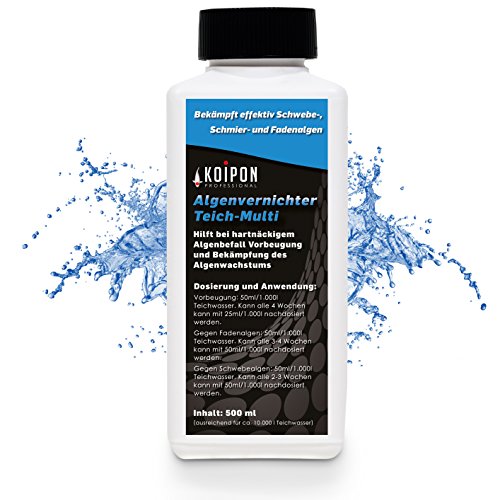 Algenvernichter (0,5 l) für kristallklares Wasser im Teich - gegen Fadenalgen Schwebealgen Schmieralgen, Algenentferner Fadenalgen-Stopp Algizid gegen Algen, fadenalgenfrei durch Fadenalgenvernichter Koiteich Gartenteich