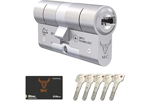 MANDOS PARA GARAJE.COM M&C Minos Bombín Cerradura Alta Seguridad Anti Topolino Leva Larga Doble Embrague Máxima Seguridad SKG 3 Estrellas 32x32mm Anti Bumping Resistente Taladro Tecnología Suiza Pleateado 5 Llaves Incluidas