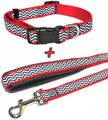 Red Zigzag Collar and Lead Set, Choose Size, (Small Collar &amp; Standard Lead)