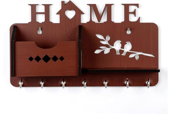 Sehaz Artworks Key Hangers for Wall Key Holder for Home Decor Stylish Wooden Key Stand for Wall (7 Hooks, MDF Brown)