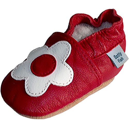 Soft Leather Baby girl Shoes with Suede Soles by Dotty Fish Red and White Flower design - 6-12 months