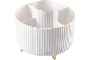 Bekeify 360° Rotating Makeup Organiser Makeup Brush Holder with 5 Compartments for Cosmetics Perfume Jewellery for Dressing Table Bedroom Bathroom Office White Stationery Storage