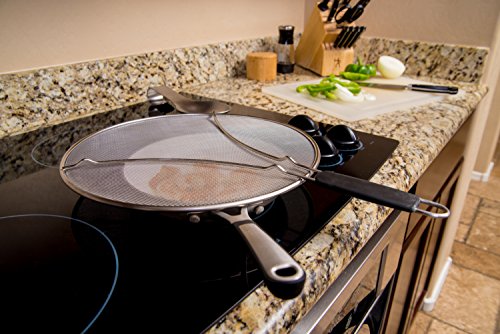 Engmaschiges Spritzschutzsieb aus Edelstahl mit Standfüßen mit hitzebeständigem Griff von LiveFresh Ein Fettschutz, der auf jeden Topf oder jede Pfanne passt und Spritzen verhindert,33 cm Durchmesser - 5