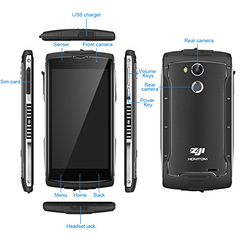 HOMTOM ZOJI Z7 Smartphone- IP68 impermeabile, 5.0â€˜â€™ HD Display Android 6.0 4G Telefono Cellulari, MT6737 quad core 1.3GHz, 2GB RAM 16GB ROM, 13MP+5MP Camera, Dual SIM, Fingerprint recognition, WiFi/GPS/OTA/OTG Cellulare - Nero