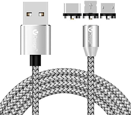 ACALI® 6.6ft 3 in 1 Round Magnet Micro USB/Type C/IOS Magnetic Charging Cable for Apple iPhone X 8 7 6 6s Plus 5 se 5s Samsung Galaxy S9 S8 S7 S6 S5 S4 LG Huawei (Silver)