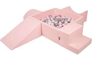 KiddyMoon Aire De Jeux en Mousse avec Carré Piscine À Balles (300 Balles) Fosses À Boules pour Enfants Jouets Parcours Obstacles, Fabriqué en UE, Rose:Perle/Gris/Transparent/Rose Poudré