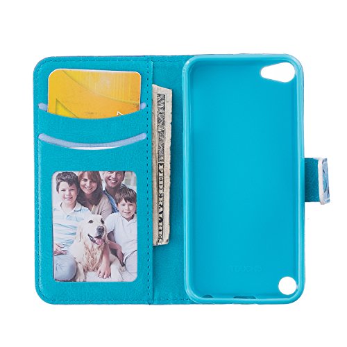 iPod Touch 5G Bunte Ledertasche,iPod Touch 6G Schutzhülle Brieftasche, Aeeque® Flip Bookstyle Schick Blau Schmetterling Muster mit Weich Silikon Innere Standfunktion Kartenfächer Magnetverschluss PU Leder Handytasche Etui Schutztasche für iPod Touch 5 / 6 - 2