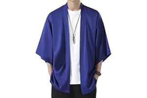 HEIBTENY Traditional Yukata Robe for Men, Kimono Top Shirt Coat, 3/4 Sleeve Cardigan (XL Blue)