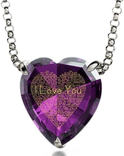 925 Sterling Silver Heart Necklace I Love You Pendant Inscribed 120 Languages Purple Cubic Zirconia, 18"