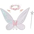 Ricjurzzty Butterfly Fairy Wings Costume with Fairy Star Wand,Floral Headband, Elf Ears for Girls Sparkle Princess Wing for Halloween Cosplay Party