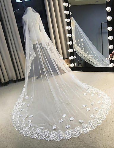 SHUAIGUO One-tier Lace Applique Edge Wedding Veil Cathedral Veils With Scattered Bead Floral Motif Style Lace Tulle , ivory