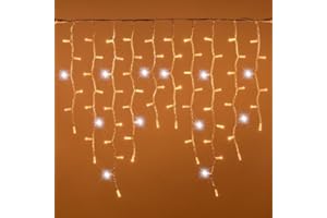 damastoreitalia Tenda Luminosa Natalizia 10 metri Stalattiti a LED 380 Luci Bianco Caldo + Flash Bianco Freddo per Interno ed Esterno IP44 (Luce calda + flash bianco, 10 Metri)