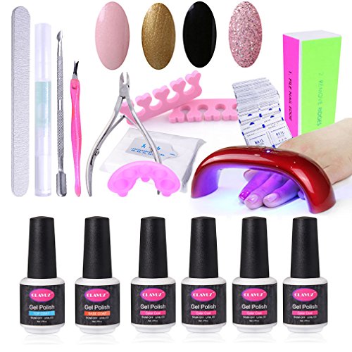 CLAVUZ Gel Nail Polish Set Soak Off Nail Starter Kit 4pcs with 9W UV LED Nail Light Dryer with Top and Base Coat plus Nail Art Manicure Tools DIY at Home