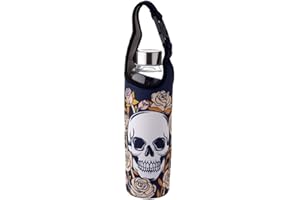 Puckator Skulls & Roses Glass Water Bottle with Protective Sleeve - Reusable Insulated Active Water Bottle Flask For Girls And Boys With A Carry Handle & Straw - Bpa Free - For School Nursery
