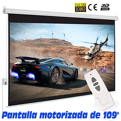  Pantalla de proyeccion electrica de 109" ( 233x146cm ), borde perimetal negro, compatible con FULLHD y 4K, mando a distancia incluido