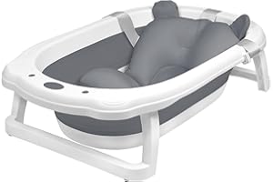 Aufun Faltbare Baby Badewanne ergonomische Babywanne mit rutschfesten Füßen für Babys und Neugeborene, inkl. Bade Sitzkissen, folding bathtub, platzsparend (Grau+ Badewannenkissen)