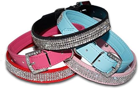 Dog Collar PU Leather Rhinestone Diamante Puppy Bling Collars Small Medium Large Fashion (Large 36cm-45cm Width 2.5cm, Blue)
