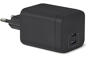 Amazon Basics Caricabatterie da Parete Nano GaN USB-C con Ricarica Rapida, 65W a 2 Porte per Laptop, Tablet e Smartphone, Nero - 1