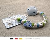 kleinerStorch Baby Schnullerkette mit Wunschnamen – Jungen Motiv Auto blau - 3