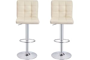 Panana Lot de 2 Tabourets de Bar, Chaises Haut, Hauteur Réglable, Revêtement en PU, Rotatif sur 360°, avec Dossier et Repose-Pieds, Pied Chromé (Beige)
