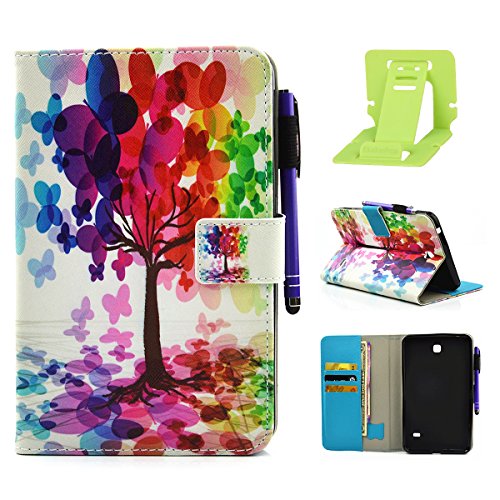 Galaxy Tab 4 7.0 T230 Hülle,Galaxy Tab 4 7.0 Lederhülle Hardcase,Ekakashop Ultradünn Bunt Schmetterlings-Baum Muster Painting Smart Ständer Cover im Bookstyle Kunstleder Schutzfolie Schutzhüllen Flip Case Tasche Etui mit Magnetverschluss Wallet Kreditkarte Card Holder Slot für Samsung Galaxy Tab 4 7.0 (T230) + 1x Kostenlos Ständer (Farbe zufällig)
