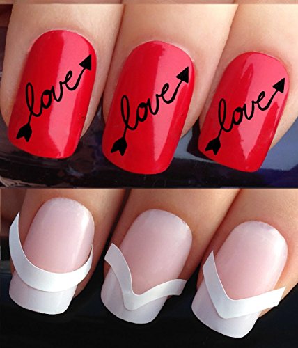 VALENTINES DAY WATER NAIL TRANSFERS DECALS STICKERS ART SET #307 & 172. **plus x48 nail tip guides!!**. x24 CUPIDS ARROW LOVE HEART LETTERING WORDING WRAPS & x48 FRENCH MANICURE TIP GUIDES! CAN BE USED WITH NATURAL GEL ACRYLIC STICK ON NAILS! OR WITH GLITTER DUST CAVIAR BEADS ALLOYS DECORATIONS CONFETTI FIMO SHAPES TAPE PENS RHINESTONES!