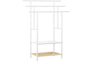 HOOBRO Porte-Serviettes sur Pieds, Range-Serviettes, avec 3 Barres, Support Salle de Bain, 2 étagères, Étendoir, pour Serviettes, Couvertures, Journaux, Blanc et Couleur Bois EWN05LB01