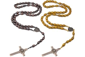 ECLIPSEGUARD 2 pièces Collier Chapelet Croix Catholique, Perles de Prière en Bois Naturel avec Croix Médaille, perles avec médaille Jésus Christ Saint, pour Chrétiens Catholiques Communion Religieuse, Baptême