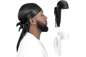 CISKHQR 2 Pezzi Silky Durag Cappello da Uomo Soft Pirate Durag, Cappuccio Elastico Waves Unisex con Code Lunghe e Cinghie Larghe Cappello Durag Pirate Hat Traspirante per Donna Uomo