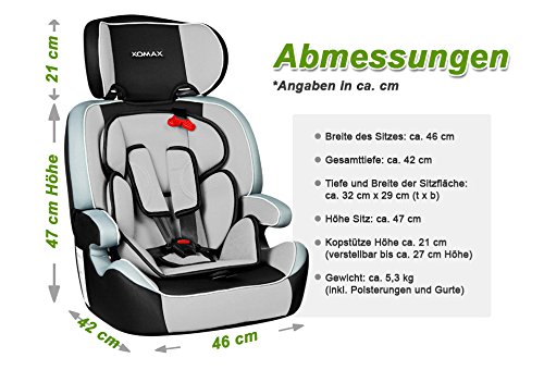 XOMAX XM-K3 Grey Autokindersitz + Gruppe I / II / III (9 – 36 kg) + ECE R44/04 geprüft + Farbe: Grau, Hellgrau, Schwarz + mitwachsend + 5-Punkte-Sicherheitsgurt + Kopfstütze verstellbar + Rückenlehne abnehmbar + Bezüge abnehmbar & waschbar - 9