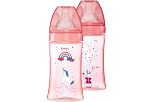 Dodie Set of 2 Baby Bottles Anti-Colic Initiation+ 270ml Pink Unicorn 0-6 Months Round Teat Flow 2