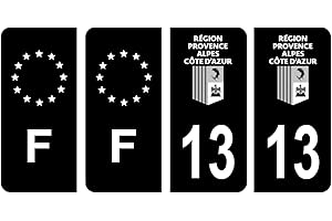 HADEXIA Lot 4 Autocollants Plaque immatriculation département 13 Bouches-du-Rhône Région PACA Noir & F France Europe