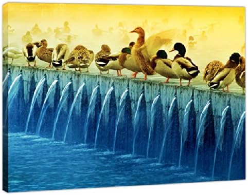 Canvas Art Picture - Wild Ducks On Water Ledge + A2 Single Panel - Size 52cm x 36cm - Stapled onto Timber frames, ready to hang - Exclusive Art by Fluffy Cloud Design