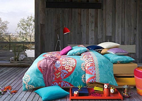 FADFAY,Elegant Blue Based Flowers Print Bedding Set, Modern Colorful Bohemian Duvet Covers, Designer Brand Exotic Rustic Bed Sheet Set,4Pcs (King)