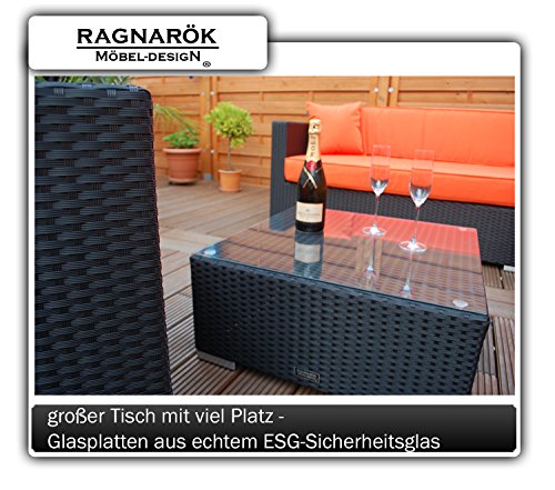PolyRattan Lounge DEUTSCHE MARKE -- EIGNENE PRODUKTION 7 Jahre GARANTIE Garten Möbel incl. Glas und Polster Ragnarök-Möbeldesign (schwarz) Gartenmöbel